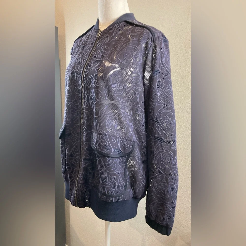 Anthropologie Elevenses Navy Blue Lace Bomber Jacket - Picture 8 of 16
